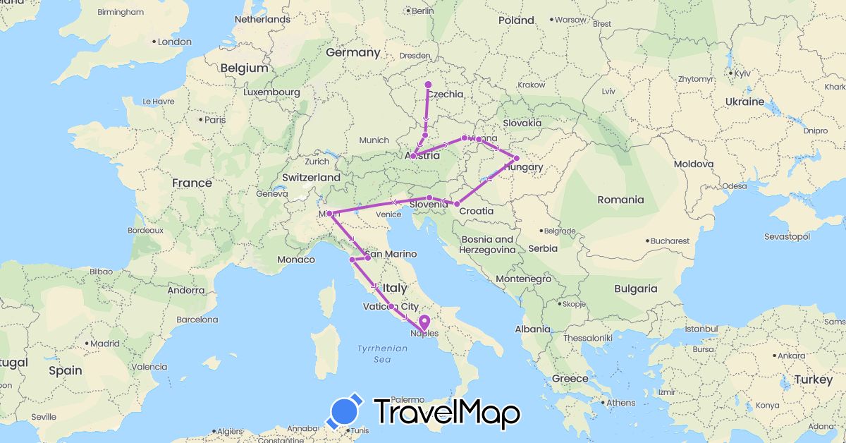 TravelMap itinerary: driving, train in Austria, Czech Republic, Croatia, Hungary, Italy, Slovenia, Slovakia (Europe)